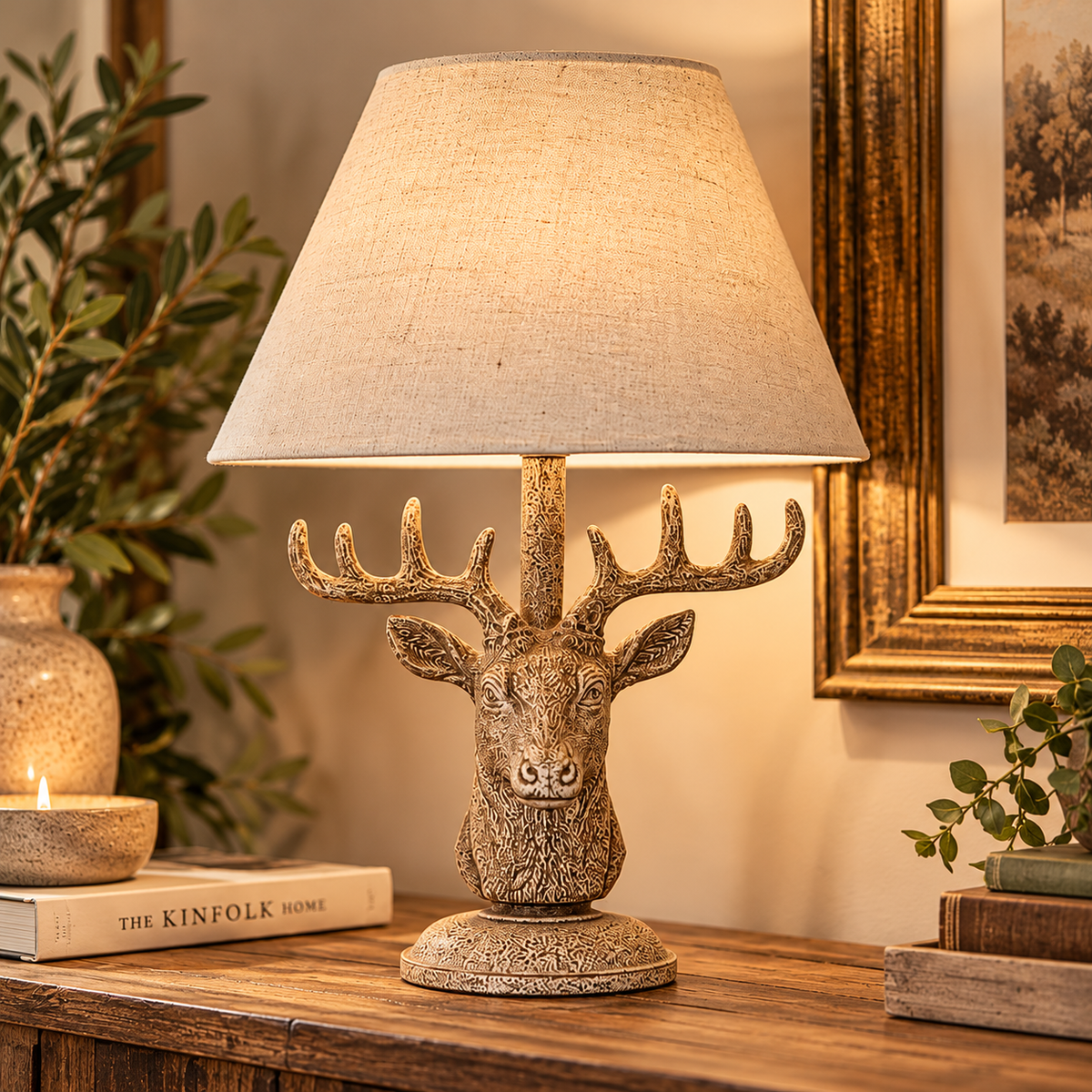 Stonewashed Stag Head Table Lamp with Linen Shade