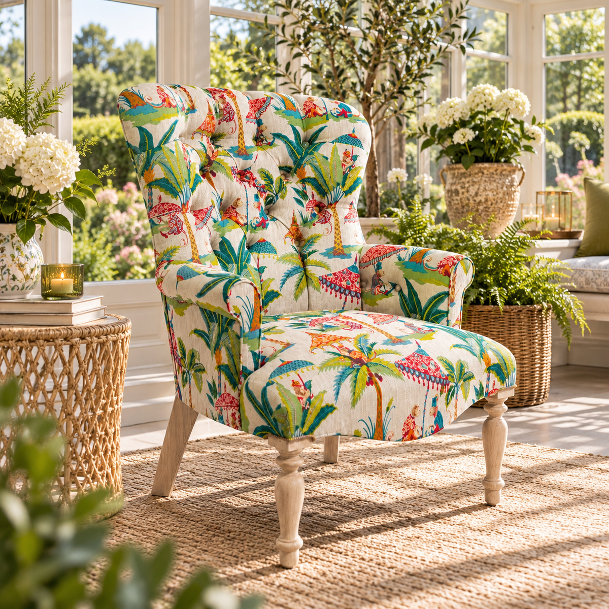 Tropical Print Accent Armchair – Colourful Tufted Statement Chair