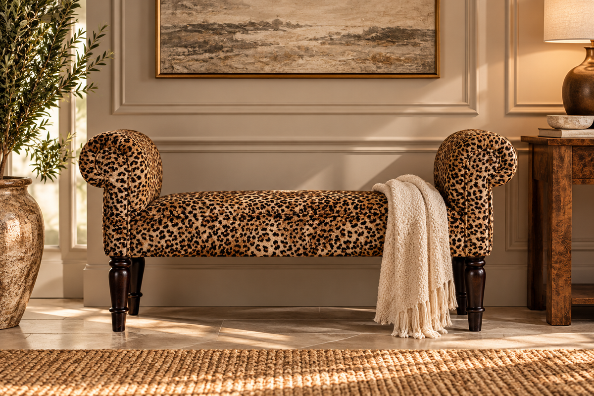 Luxury Leopard Print Velvet Bench – Statement Upholstered Seating