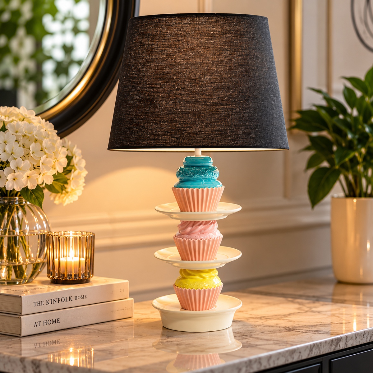Cupcake Table Lamp with Black Shade, Pastel Cake Lamp, Quirky Statement Lighting